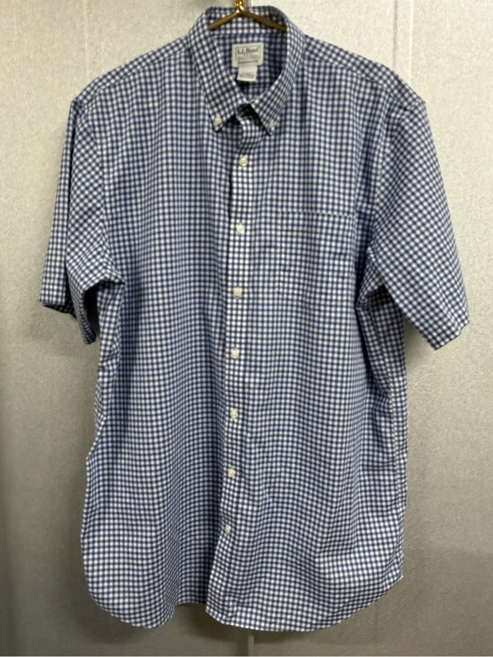 L.L. Bean Gingham Button Down Shirt Blue White Short Sleeve L Tall